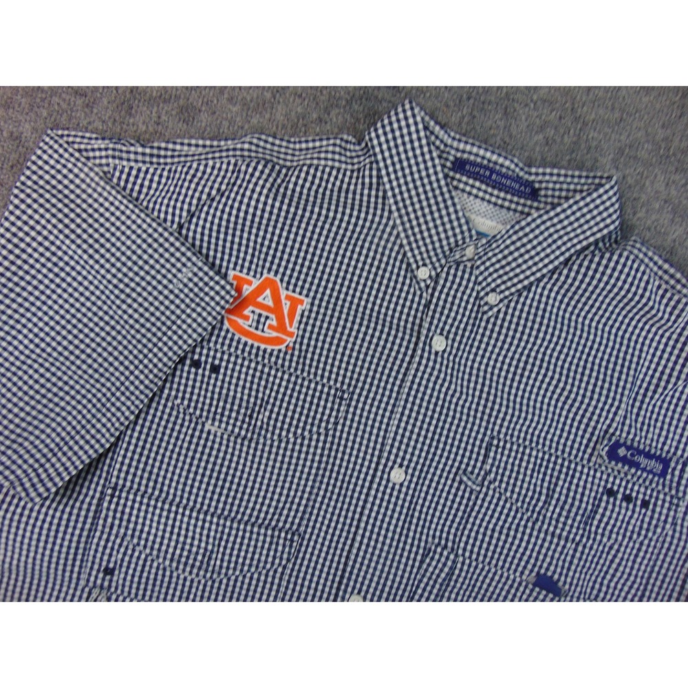 Auburn Tiger Shirt Mens Large Blue White Check Columbia Super Bonehead Fishing